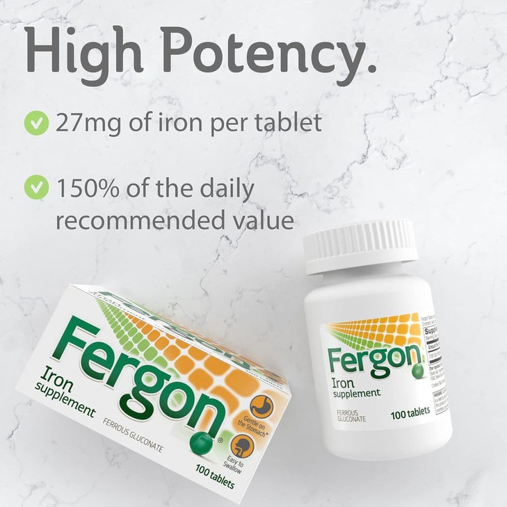 Fergon High Potency Iron Highly Soluble & Easily Digested, 27 mg Iron, 100 Tablets