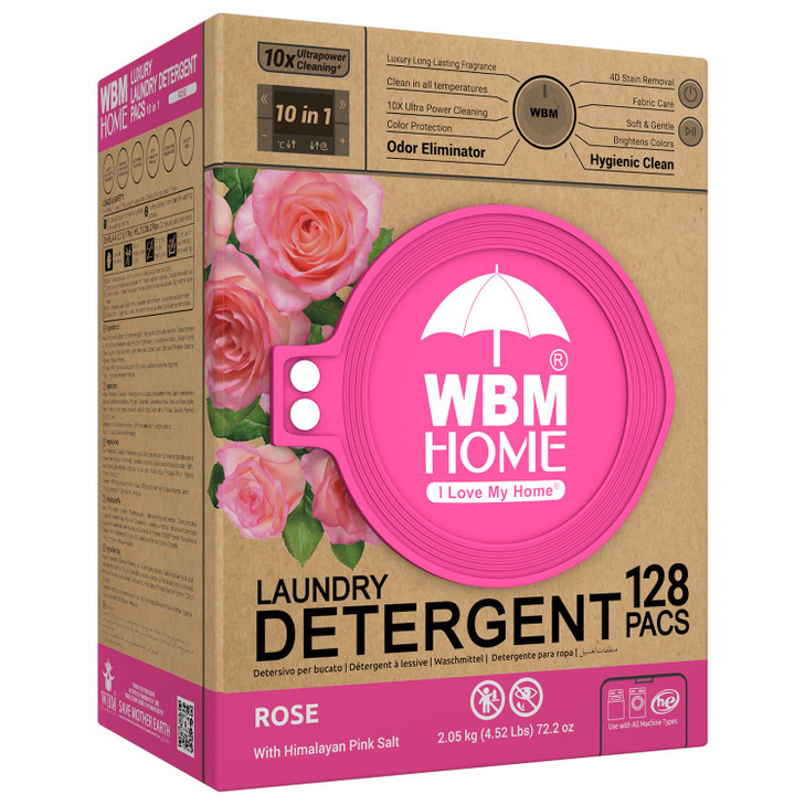 WBM 10-in-1 Laundry Pods, Total 128 Count, High Efficiency, Ultra Concentrate with Powerful Stain Lifter Technology,