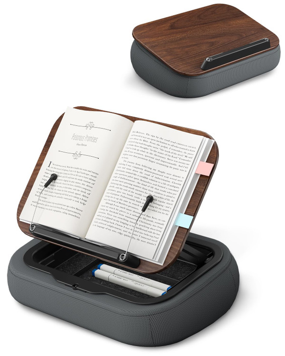 Viozon Lap Book Pillow Stand with Storage, Adjustable Beanbag Reading Pillow with Dark Wood Panel, Multi-Angle Book