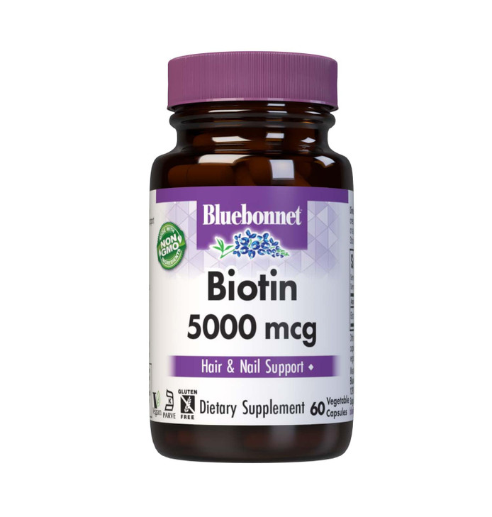 Bluebonnet Nutrition Biotin 5000 mcg, Hair & Nail Support*, Non-GMO, Vegan, Kosher Certified, Gluten-Free, Soy-Free, Dairy-Free, 60 Vegetable Capsule