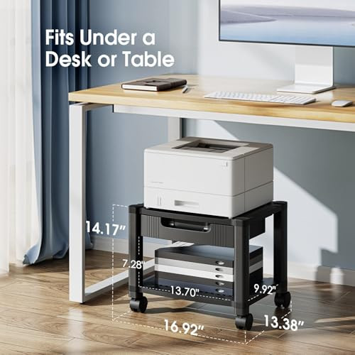 HUANUO Printer Stand with Cable Management and Storage Drawer, Printer Table with Locking Wheels, 14.1-inch Maximum