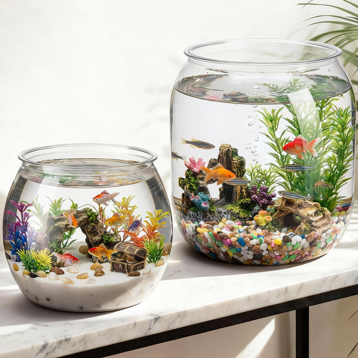 Cosblank 2 Pcs 4 Gallon & 1 Gallon Plastic Fish Bowl Large Round Clear Betta Aquarium Fish Tank Shatterproof Goldfish