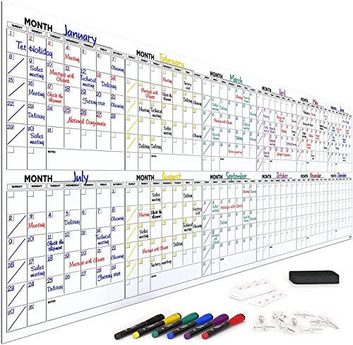 Extra Large 100"x36" Dry Erase Monthly Planner  12-Month Whiteboard Calendar Includes 6 white Board Markers Eraser