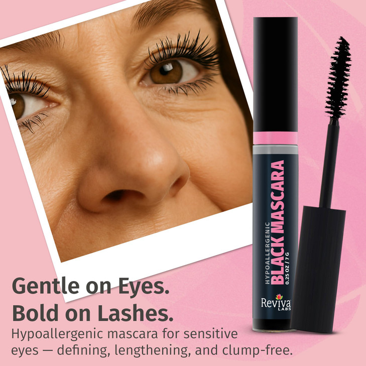 Reviva Labs Black Hypoallergenic Mascara for Sensitive Eyes and Older Women  Gentle, Volumizing & Lengthening Mascara for Older Women 50 and 60 Plus
