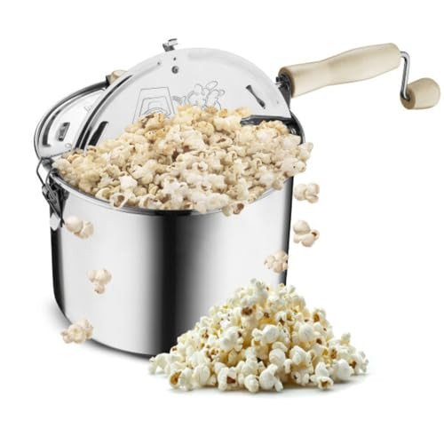 Stovetop Popcorn Maker - 6.5-Quart Stainless-Steel Popcorn Popper with a Hand Crank, Vented Lid, and Stir Paddle by
