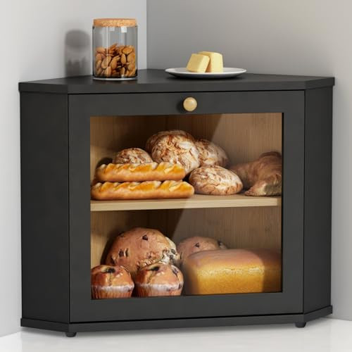 Goozii Corner Bread Box for Kitchen Countertop, Black Bread Storage Container for Homemade Bread, Two Layer Breadbox