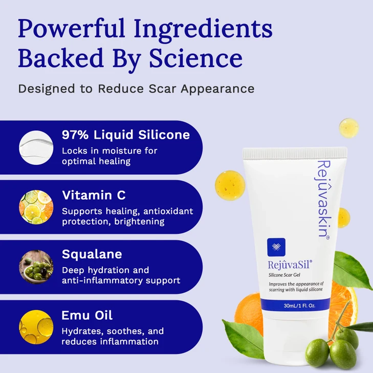Rejuvaskin RejuvaSil Silicone Scar Gel, Scar Treatment for Surgical Scars, Burns, Keloids, Acne Scars on Face & Body,