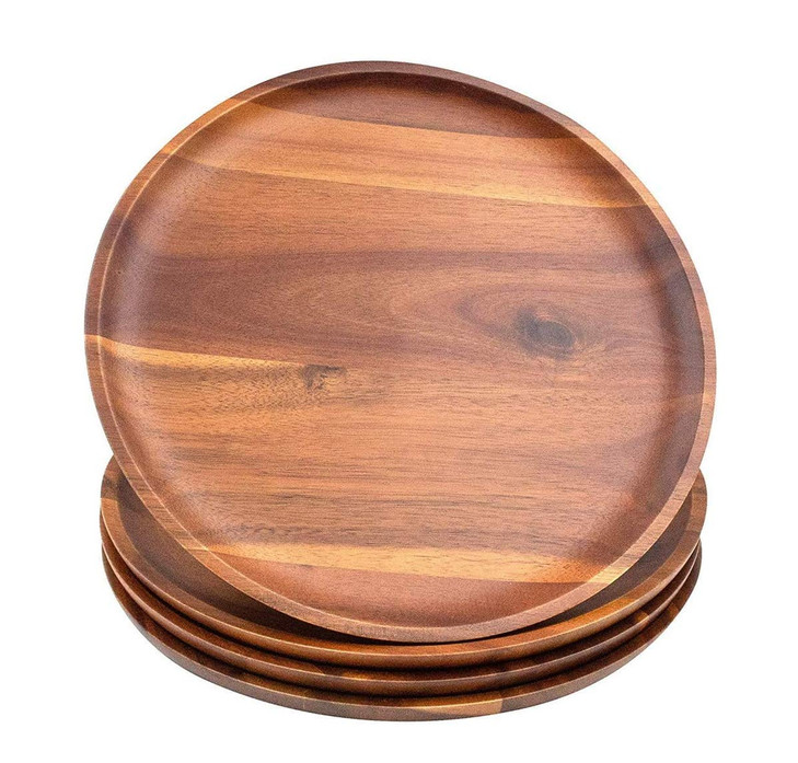 AIDEA Acacia Wood Dinner Plates, 11Inch Round Wood Plates Set of 4, Easy Cleaning & Lightweight for Dishes Snack,