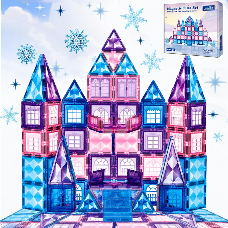 Little Pi 102pcs Frozen Princess Castle Magnetic Tiles Building Blocks - 3D Diamond Blocks, STEM Educational Toddler