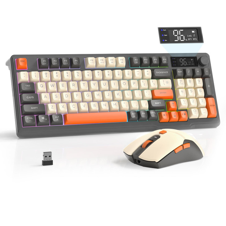 FREEWOLF T96 Smart Display Wireless Gaming Keyboard and Mouse Comb, 94Key LED Lighting Rechargeable Silent Membrane