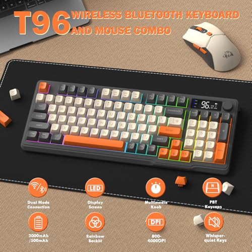 FREEWOLF T96 Smart Display Wireless Gaming Keyboard and Mouse Comb, 94Key LED Lighting Rechargeable Silent Membrane