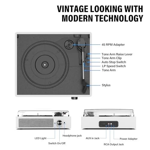 Record Player with Speakers Vintage Belt-Driven Turntable Bluetooth 3 Speed 3 Size Wireless Playback AUX-in RCA Out
