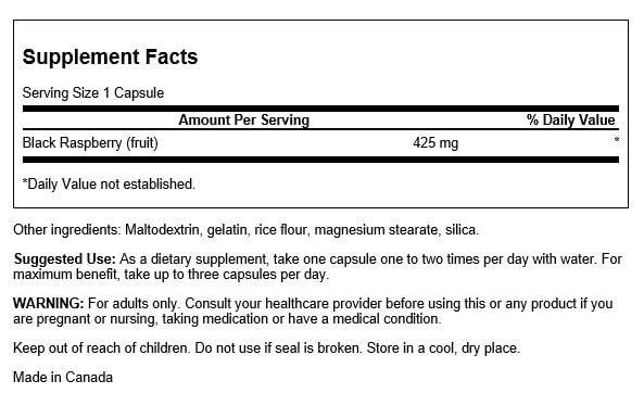 Swanson Black Raspberry - Herbal Supplement Promoting Overall Wellness Support - Natural Source of Flavonoids & Vitamin C - (60 Capsules, 425mg Each)