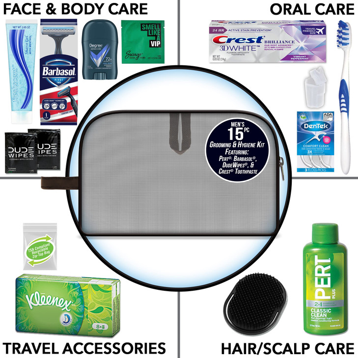 Convenience Kits International Mens Premium 15-Piece Assembled Travel Kit Featuring: Gillette and Barbasol Shave Products