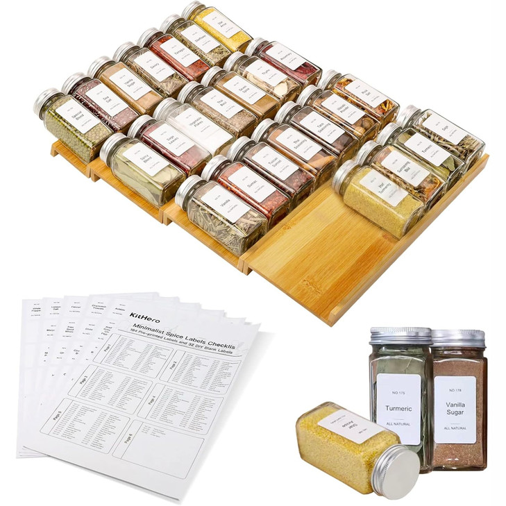 KitHero Spice Drawer Organizer with 28 Spice Jars and 216 Labels,Non-slip Rubber, Bamboo 4 Tier Spice Racks Tray