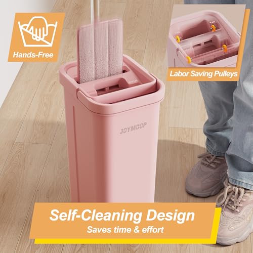 JOYMOOP Pink Mop and Bucket with Wringer Set for Home, with 5 Reusable Microfiber Mop Pads, Hands-Free Self-Cleaning