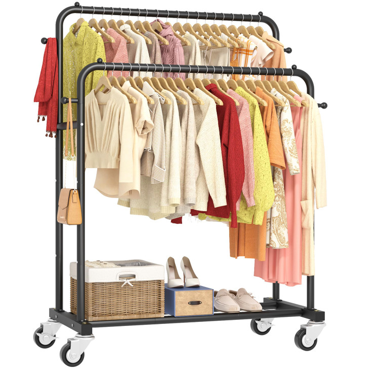 Laiensia Double Rods Garment Rack with Wheels, Clothing Rack for Hanging Clothes,4 Hooks, Multi-functional Bedroom