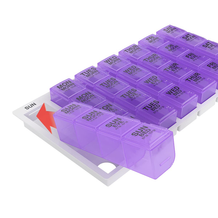 EZY DOSE Weekly (7-Day) Pill Case, Medicine Planner, Vitamin Organizer, Large Pop-Out Compartments, 4 Times a Day, Convenient and Easy to Use, Color