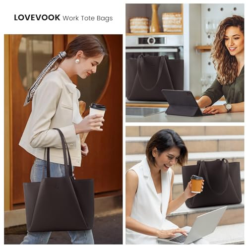 LOVEVOOK Laptop Tote Bag for Women - 15.6 Inch Faux Leather Work Tote Bag For women with Clutch, Large Capacity Office