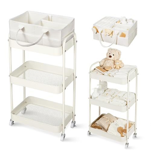 Fortella Baby Diaper Caddy, 3 Tier Rolling Cart for Baby Essentials, Beige