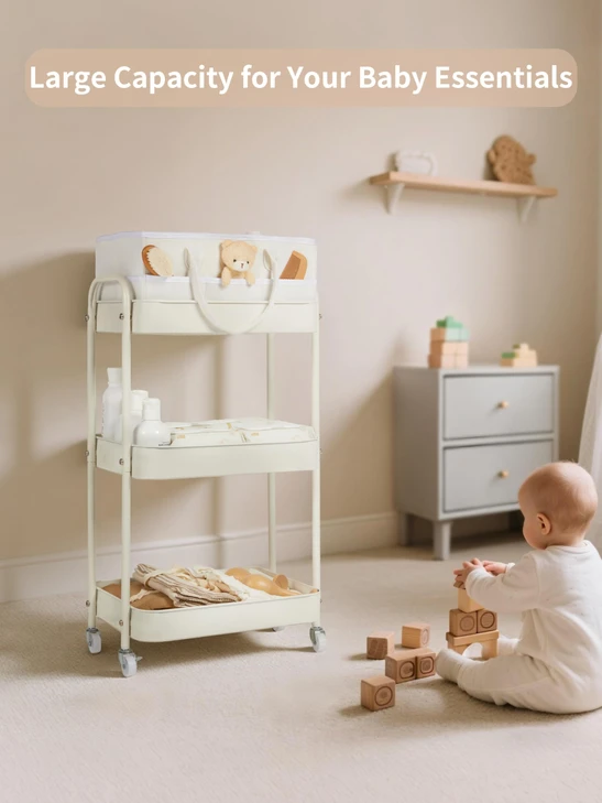 Fortella Baby Diaper Caddy, 3 Tier Rolling Cart for Baby Essentials, Beige