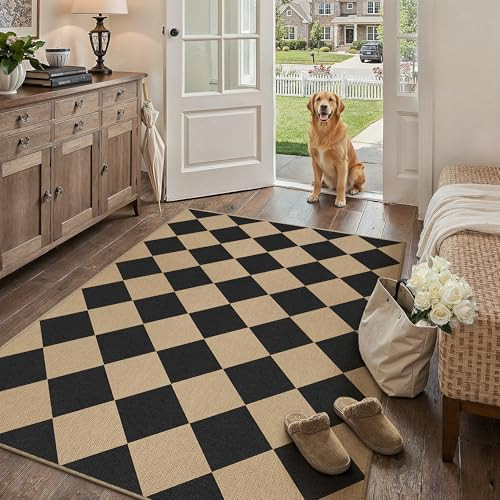 PureCozy 4x6 Black Checkered Washable Area Rug Indoor Outdoor Non Slip