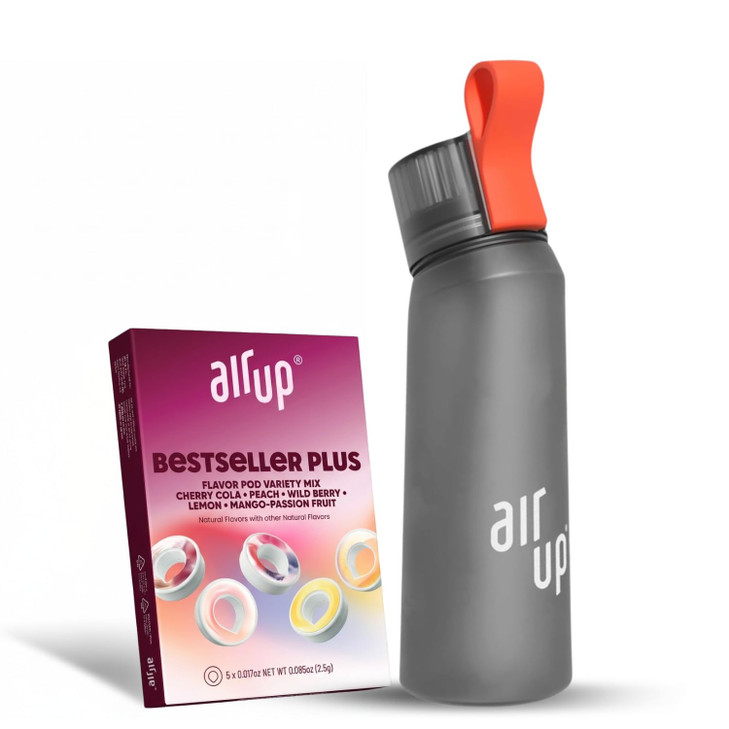 air up water bottle (22oz) for school, sports, gym | includes 5 scent pods & straw | flavored bottle in grey  also
