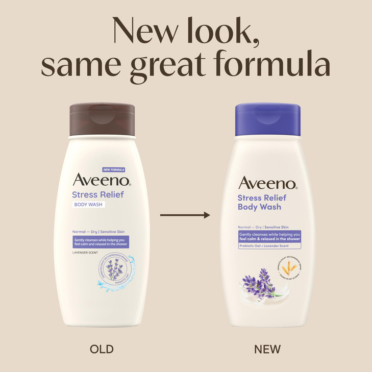 Aveeno Stress Relief Body Wash with Prebiotic Oat & Lavender Scent for Sensitive Skin, Gently Cleanses & Helps You Feel Calm & Relaxed in the Shower,