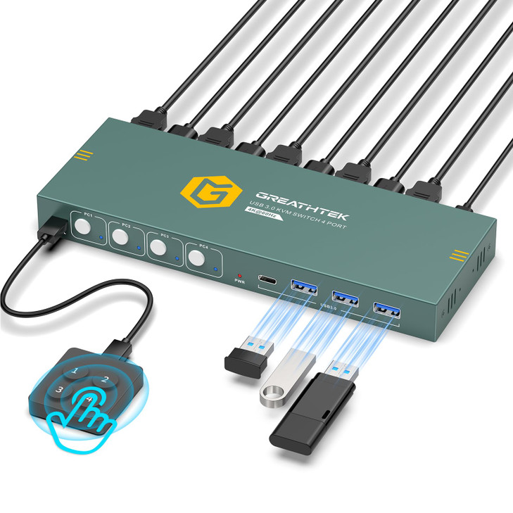 USB3.0 KVM Switch HDMI 4K60Hz for 4 Computers Share 1 Monitor, KVM Switch 4 Port with 3 USB 3.0 Ports Share Keyboard