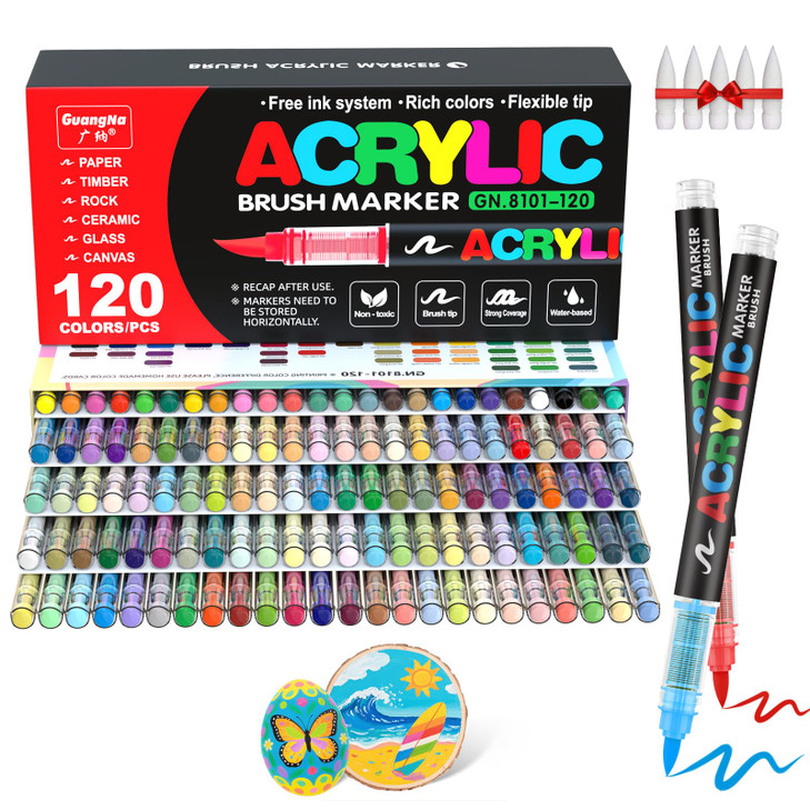 Guangna Acrylic Paint Markers Brush Tip, 120 Vivid Colors with Direct-Liquid Ink Control System, Professional-Grade