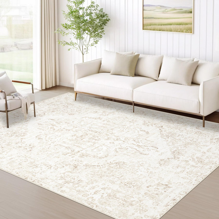 5x7 Area Rugs for Living Room: Washable Rug Vintage Large Rugs Soft Non Slip Low Pile Rug Floral Distressed Floor