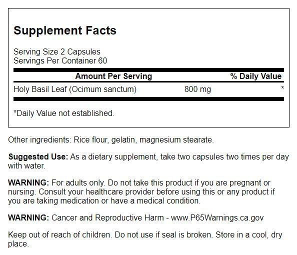 Swanson Holy Basil Leaf (Tulsi) - Stress Support and Well-Being Supplement - (120 Capsules, 800mg Per Serving)