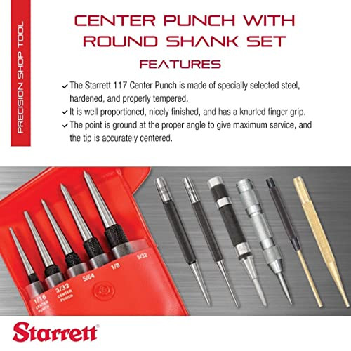 Starrett Steel Center Punch with Round Shank and Knurled Finger Grip - Hardened and Tempered Steel, 0-4" Length, 1/16,