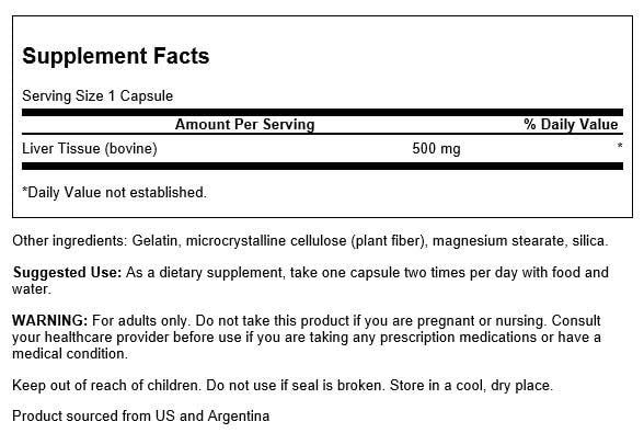 Swanson Liver Glandular 500 Milligrams 60 Capsules
