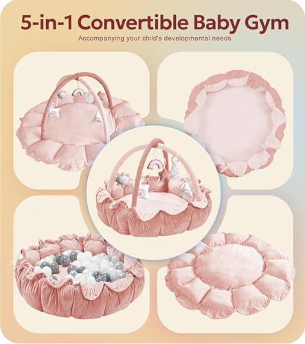 Mallify 5-in-1 Thick Plush Baby Play Gym Mat, Tummy Time Mat with 6 Sensory Toys, Baby Play Mat, Convertible Baby Gym