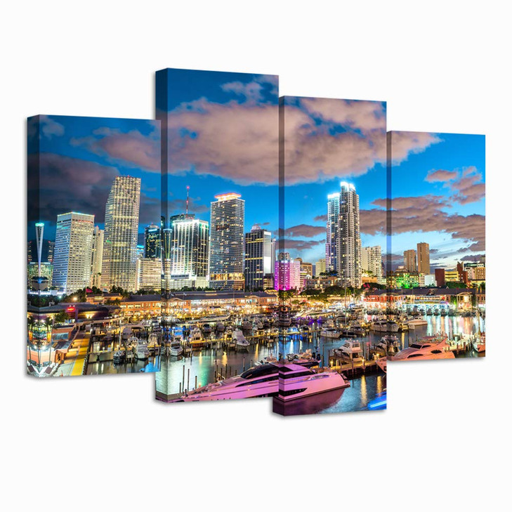Nachic Wall 4 Pieces City Canvas Wall Art Miami Night Skyline Picture Canvas Print Florida Cityscape Poster Painting