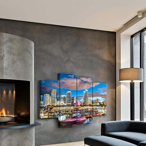 Nachic Wall 4 Pieces City Canvas Wall Art Miami Night Skyline Picture Canvas Print Florida Cityscape Poster Painting