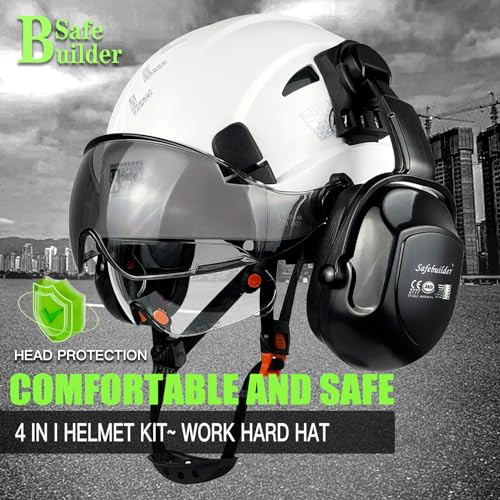 SAFEBUILDER Construction Safety Helmet with Visors Clear & Tinted Earmuffs Hearing Protection Industrial Work Hard Hat