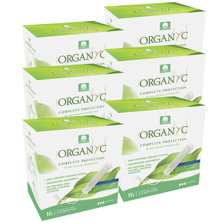 Organyc - 100% Certified Organic Cotton Tampons - Plant-Based Eco-Applicator (Super Flow, 96 Count (Pack of 6))
