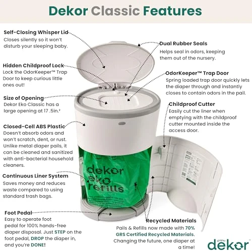 Diaper Dekor EKO Classic Diaper Pail, White | ONLY Eco-Friendly Diaper Pail Made with 70% Recycled Materials |