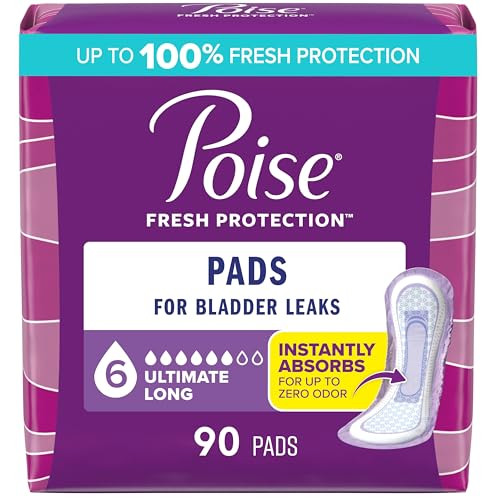 Poise Incontinence & Postpartum Pads for Bladder Leaks, 6 Drop Ultimate Absorbency, Long Length, 90 Count, Packaging