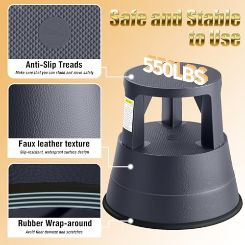FurniCleevor Rolling Step Stool with Wheels, 550lbs Capacity, Non-Slip Platform & Retractable Casters, Round Kick