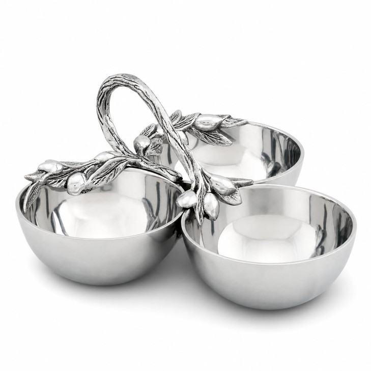 Arthur Court Olive Pattern 3 Compartment Serving Bowl - Sand-Cast Aluminum Condiment Dish - 9 Inch Diameter