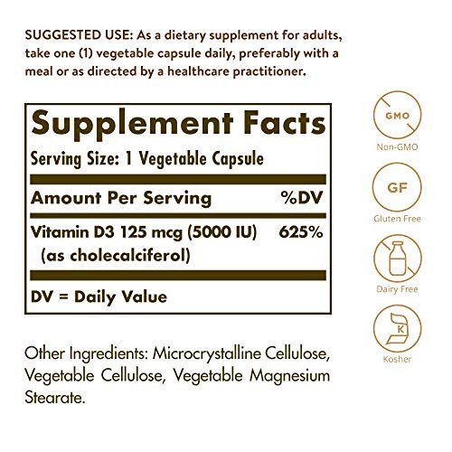 Solgar Vitamin D3 (Cholecalciferol) 125 mcg (5000 IU), 240 Vegetable Capsules - Helps Maintain Healthy Bones & Teeth - Immune System Support - Non-GM