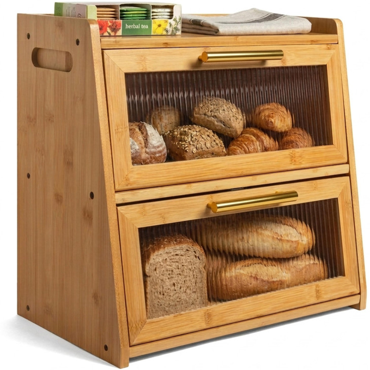 Gennua Kitchen Extra Large Bamboo Bread Box for Kitchen Countertop, Double Layer Wooden Breadbox Holds Multiple Loaves