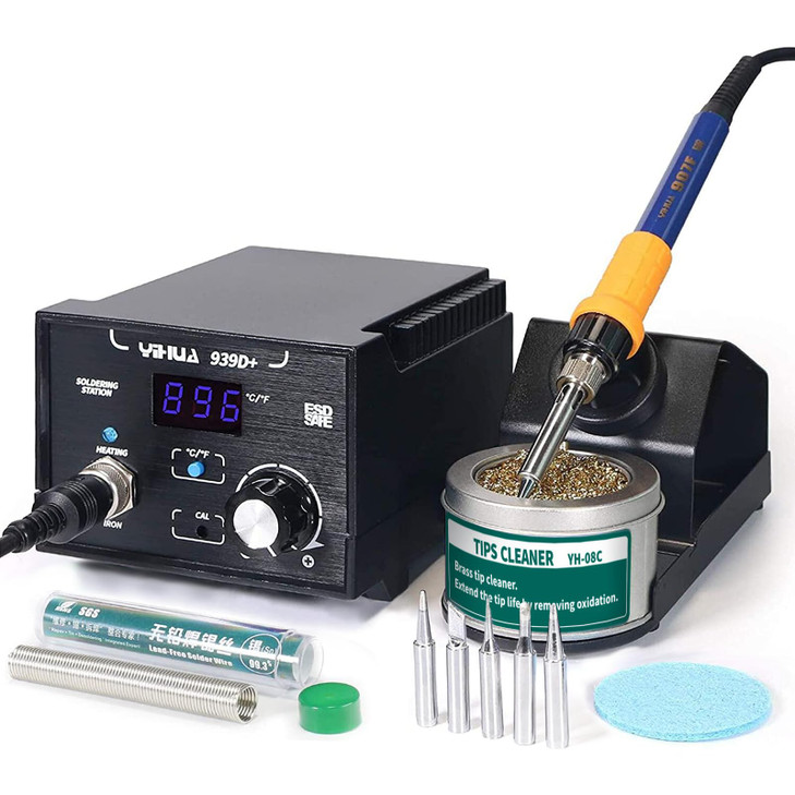 YIHUA 939D+ Digital Soldering Station, 75 Watt Equivalent with Temperature Control, °C/°F Display. ESD safe for