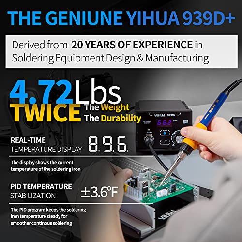 YIHUA 939D+ Digital Soldering Station, 75 Watt Equivalent with Temperature Control, °C/°F Display. ESD safe for