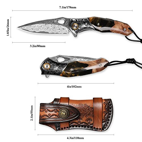Minowe handmade Japan Damascus steel pocket knife3.1" VG10 blade men and women Folding knifeWith holsterLining