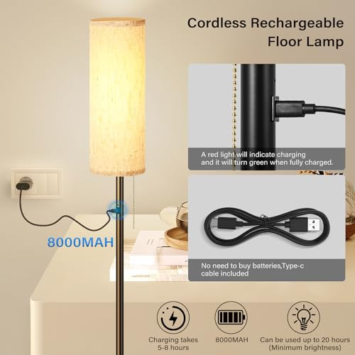 ELEUTERSUN Cordless Floor Lamp for Living Room, with 3 Color Temperature and Pull Cord Switch, 8000mAh Battery