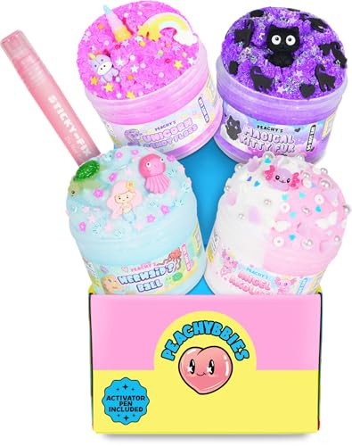 Peachybbies Slime 4-Pack Fantasy Bundle, Unicorn Candy Floss, Mermaid's Ball, Angel Axolotl, Magical Kitty Fur,